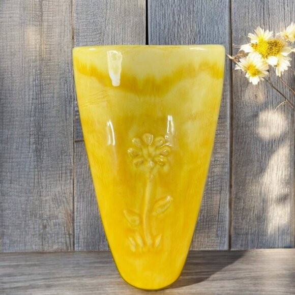 Antique Tall Yellow Pottery Vase Embossed Flower USA Hand Made Vase Vessel VTG - Picture 1 of 16